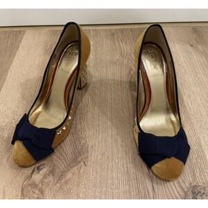 J. Crew Collection Studded Yellow Velvet Pumps Heels w/grossgrain navy bows 7.5